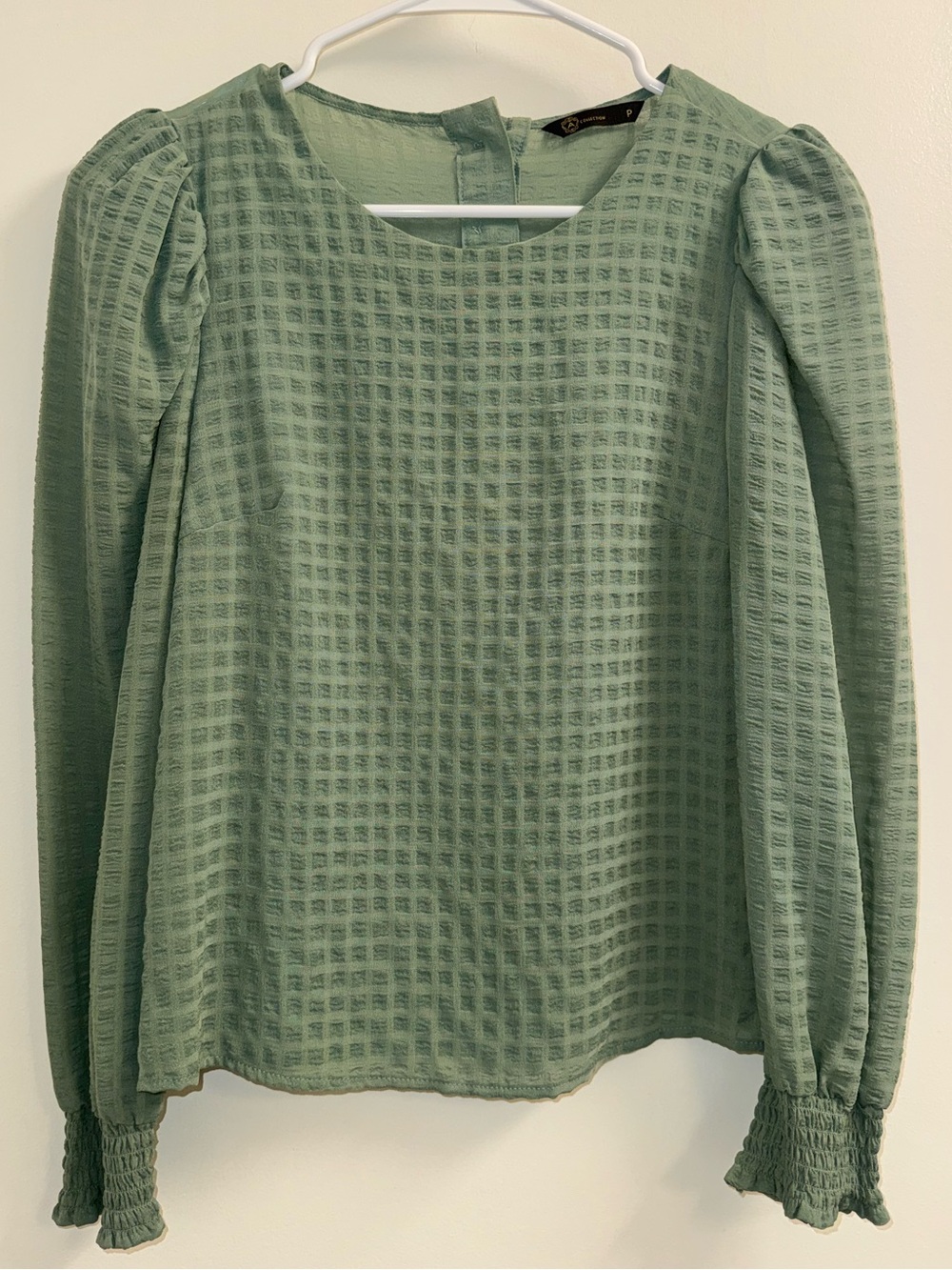 Women's Sage Green Puff-Sleeve Textured Blouse
